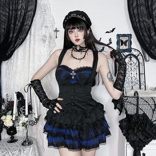 Dark Gothic plaid half skirt暗黑系哥特格子半裙打歌服Lolita风