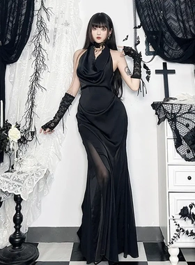 Dark style hanging neck backless dress暗黑风挂脖露背连衣裙女