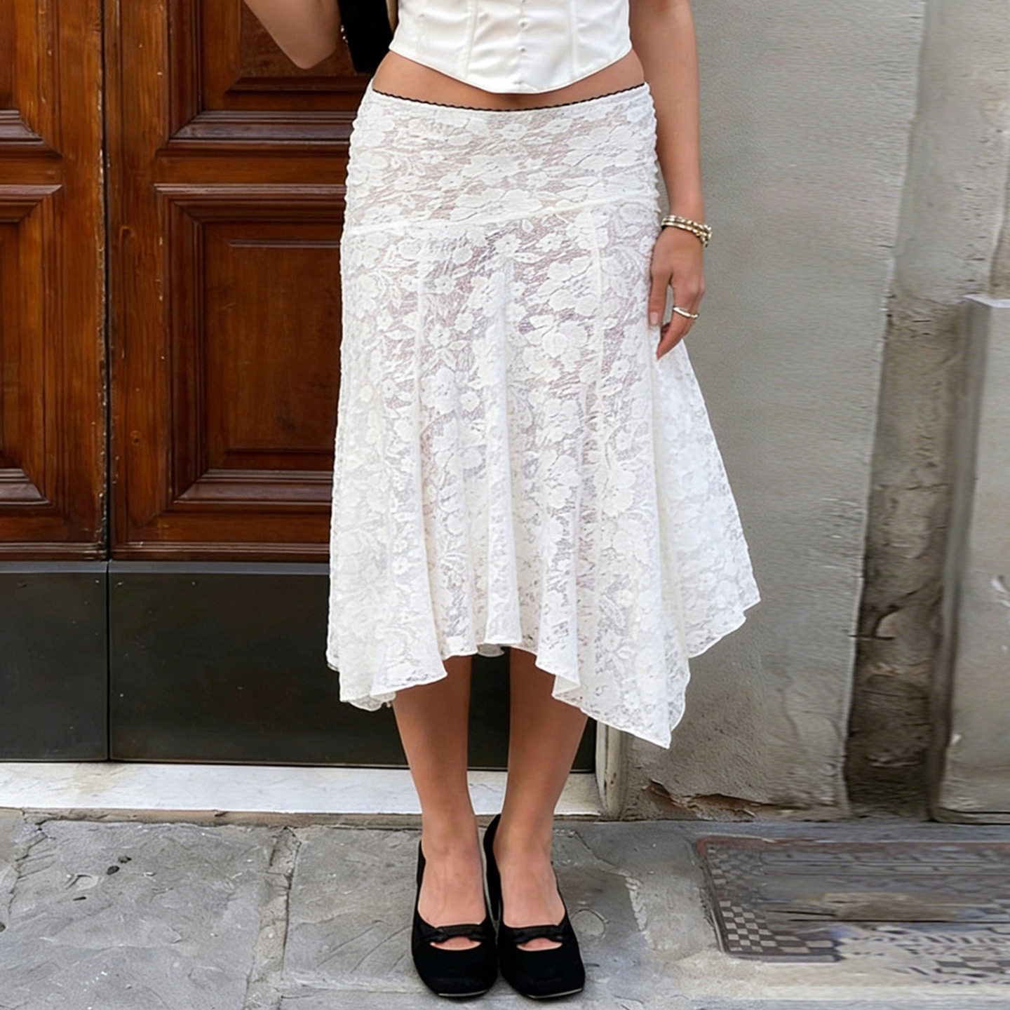 Spicy girl lace irregular skirt 不规则白色半身裙辣妹透视长裙