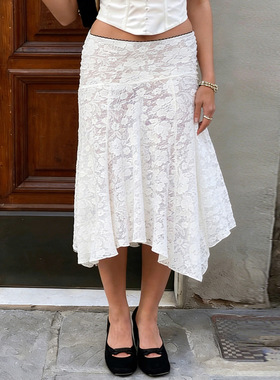 Spicy girl lace irregular skirt 不规则白色半身裙辣妹透视长裙