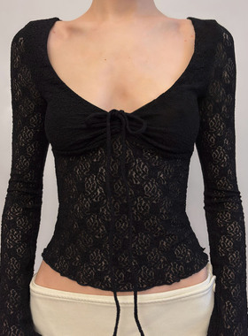 Lace patchwork V-neck T-shirt温柔风V领长袖女黑色内搭打底上衣