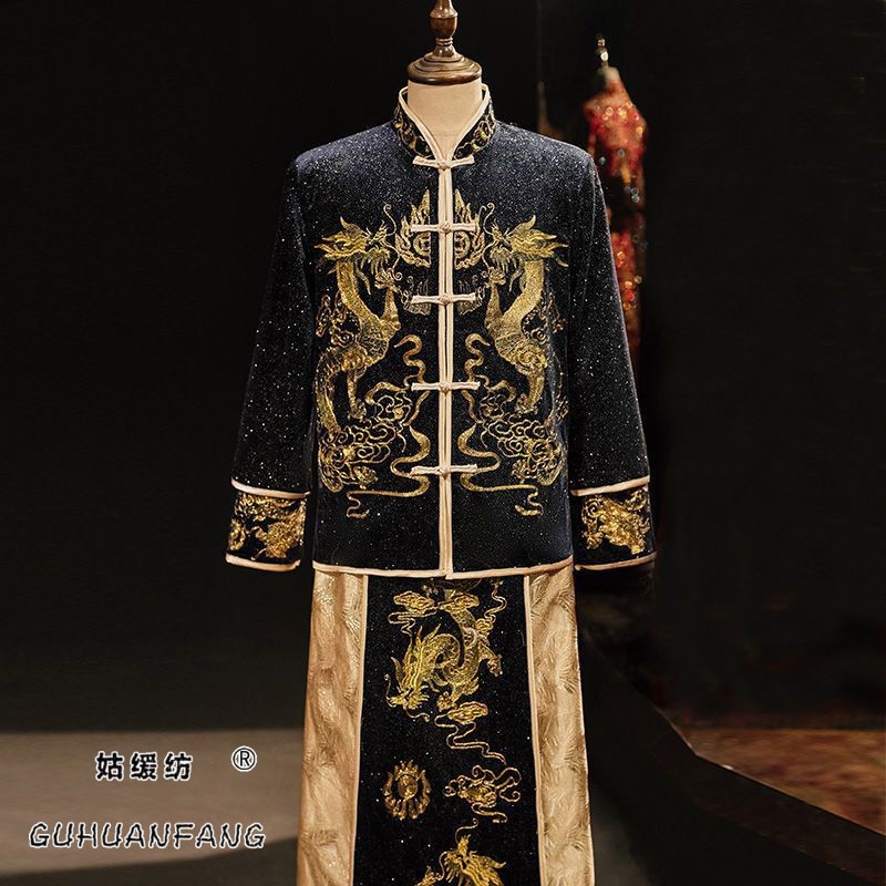 士新郎装中式礼服年新款接亲服敬酒服唐装秀和服蓝色秀禾服男