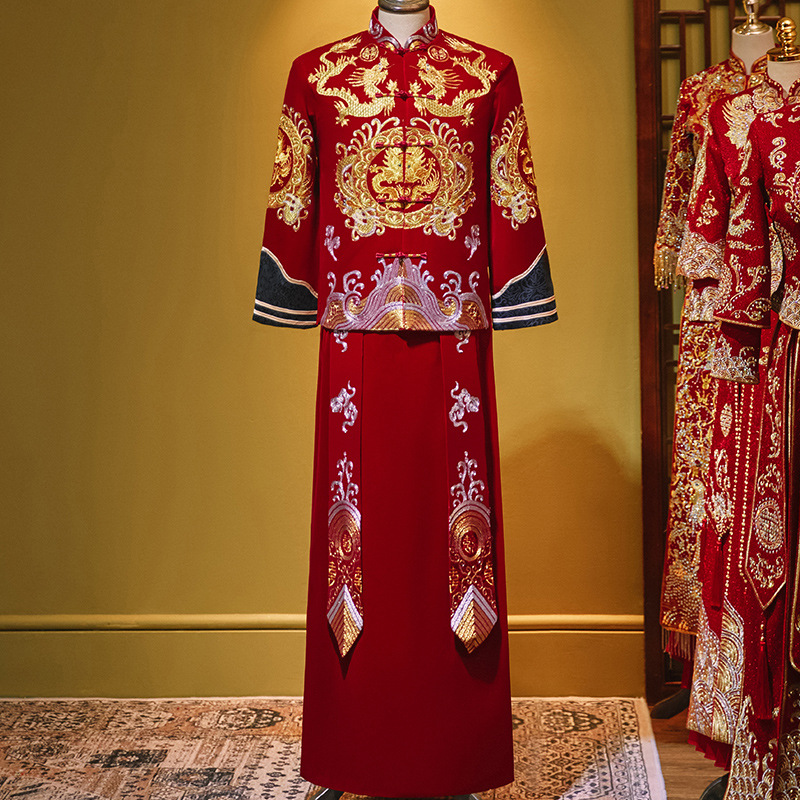 秀禾服士新郎中式结服2023年新款士丝绒秀禾嫁衣刺绣款婚礼男