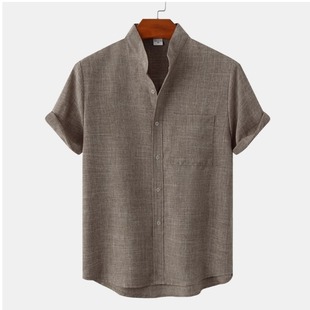 短袖 2023男衬衫 纯色士Wish亚马逊热卖 夏季 棉新款 棉麻式