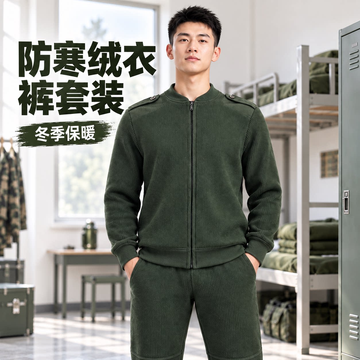 制式冬季绒衣绒裤套装男防寒拉链保暖绒衣军绿色毛衣裤A30-07