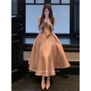 吊带连衣裙女高级感名媛千金生日小礼服大裙摆缎面长裙收腰公主裙