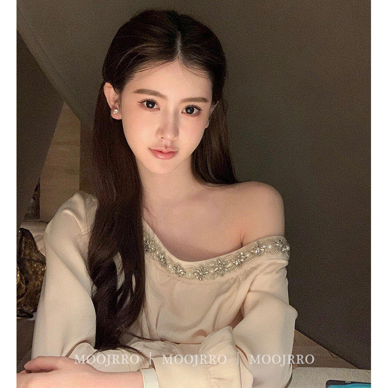 法式镶钻斜肩长袖衬衫女春季小个子高级感气质绝美不规则缎面上衣