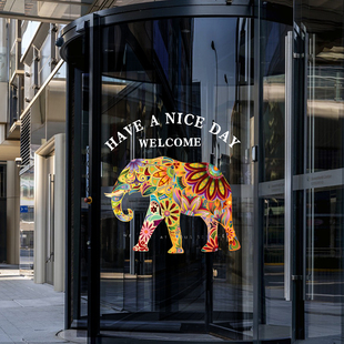 大象主题门贴彩绘创意复古风酒店餐厅旋转门双面色彩静电玻璃贴画