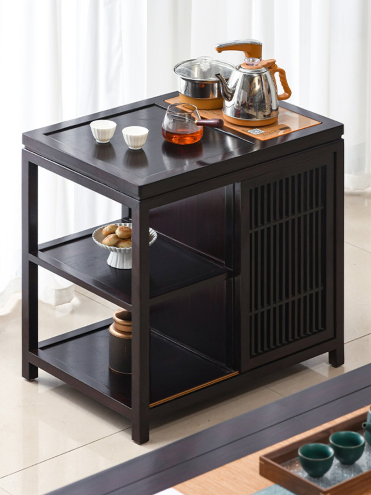 血檀木家具新中国茶柜非洲小叶紫檀移动水煮茶车客厅全实木餐具柜