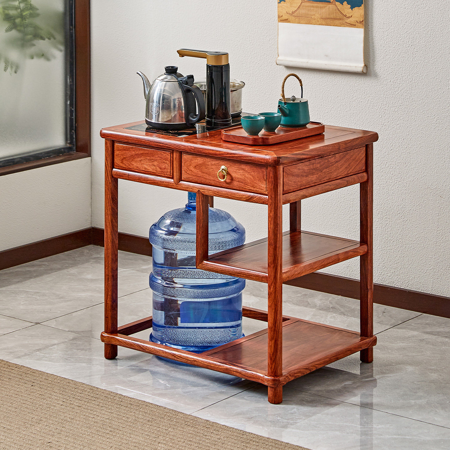 花梨木小茶桌边柜简约家用带电磁炉阳台中式泡茶台刺猬紫檀茶水架