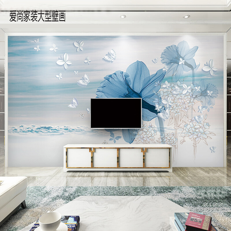 电视背景墙壁画8d立体蓝色花壁纸客厅卧室影视墙现代简约装饰墙纸