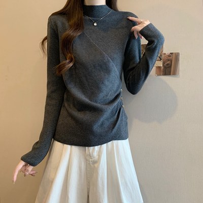 灰色半高领修身收腰针织上衣女秋冬大码胖mm显瘦遮肚子内搭打底衫