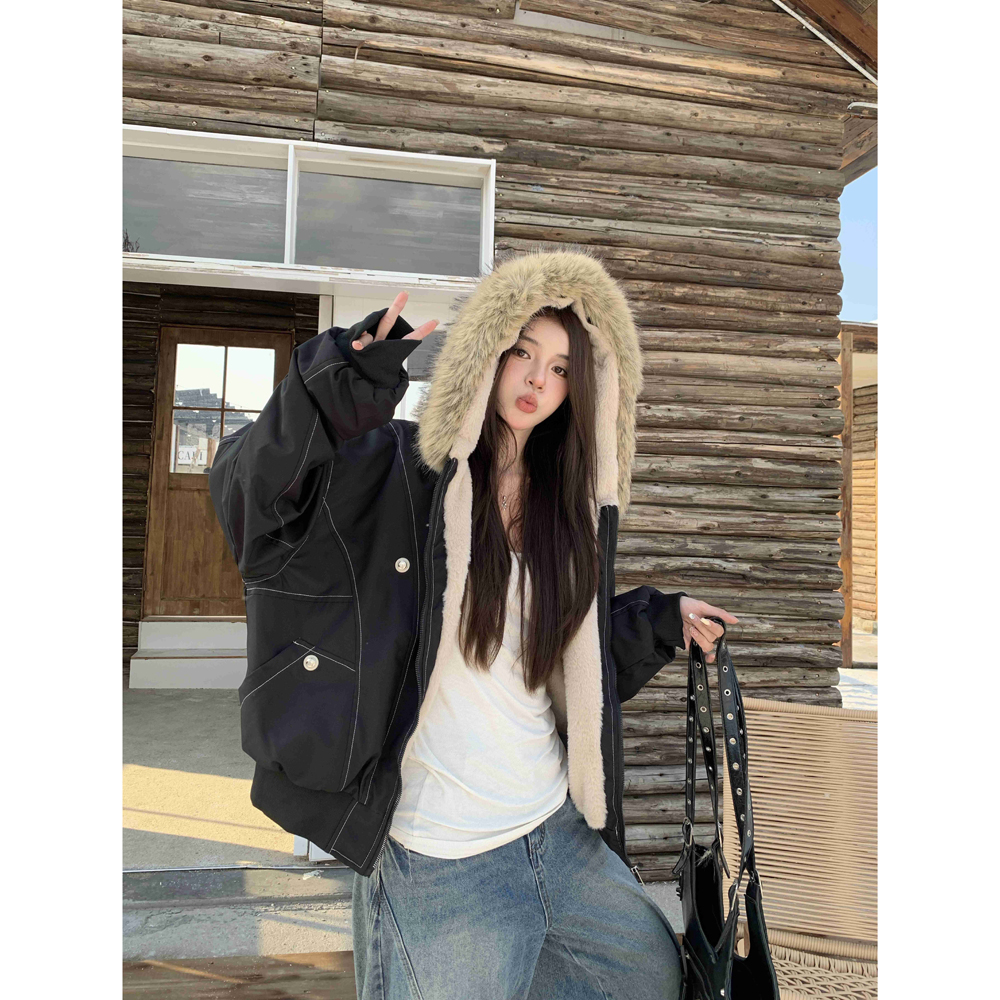 大毛领连帽棉服外套女2025冬季新款加厚保暖派克服宽松拉链棉衣潮