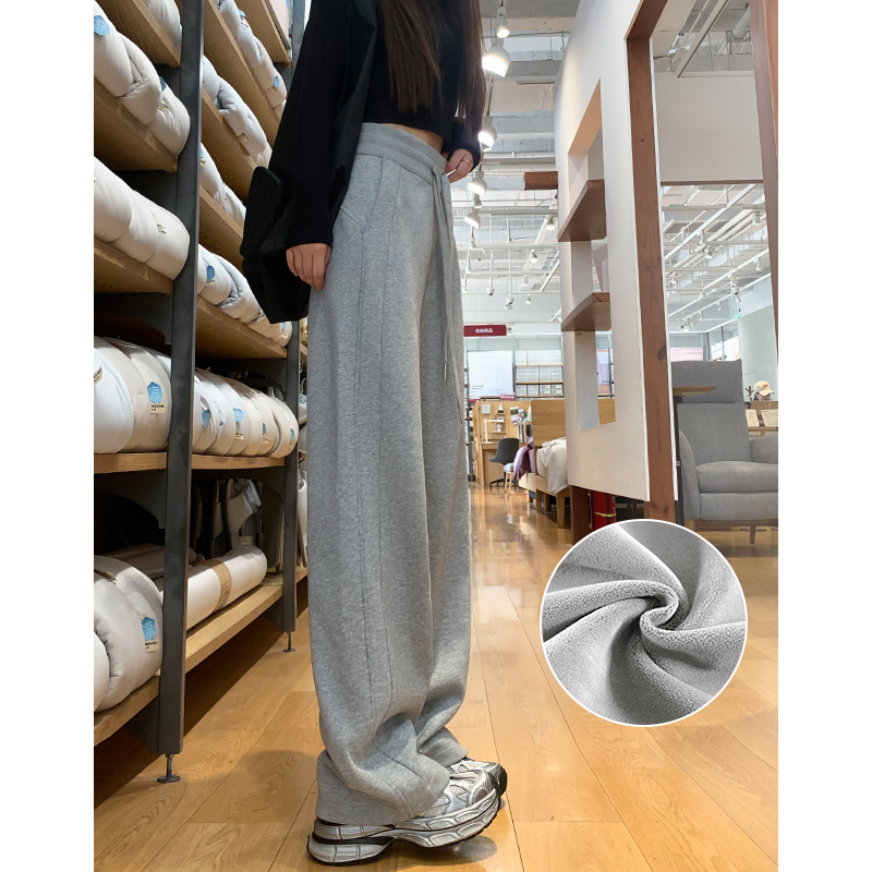 灰色运动裤女秋冬加厚新款高腰垂感阔腿休闲裤子宽松直筒加绒卫裤