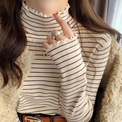 杏色条纹半高领针织打底衫女装秋冬内搭2025新款气质毛衣长袖上衣
