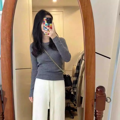 简约套头针织打底衫女基础款圆领内搭上衣春秋冬修身软糯灰色毛衣