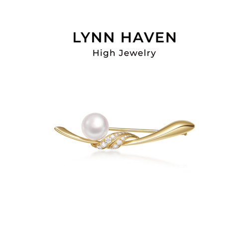 LynnHaven麟玟 EARTH一叶扁舟 18K金Akoya海水珍珠胸针钻石胸饰