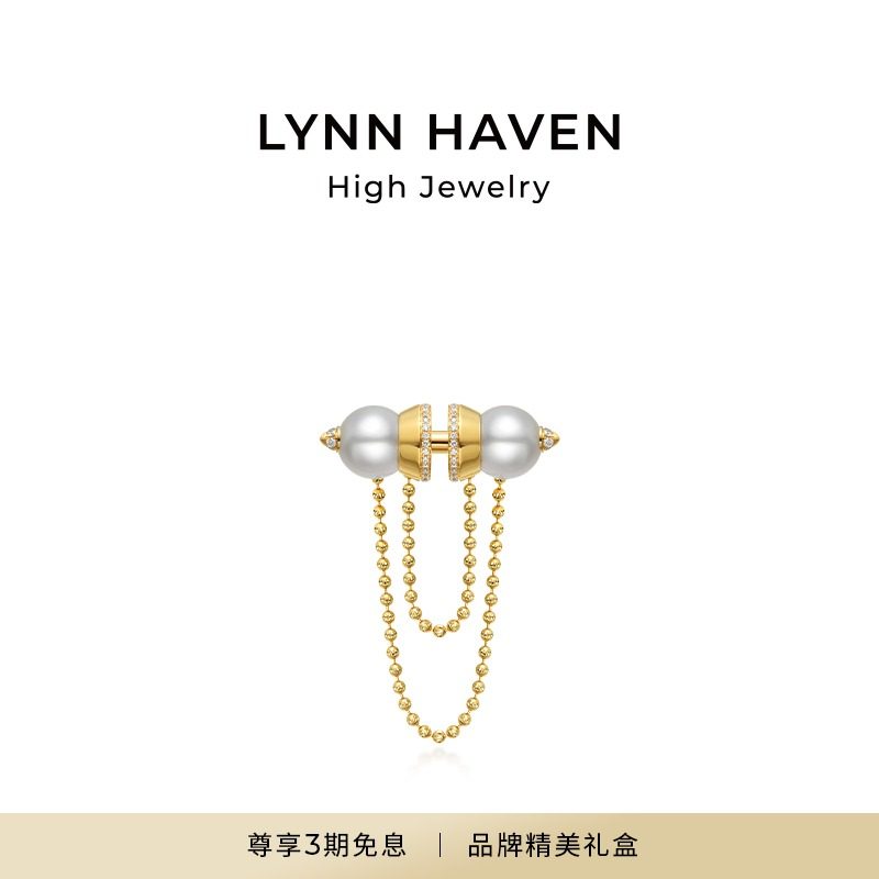 LynnHaven麟玟 SKY双子星 18K金Akoya海水珍珠胸针K黄满钻胸饰
