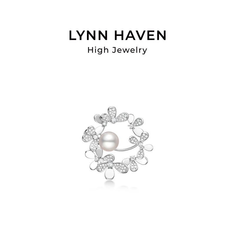 LynnHaven麟玟 ART圆梅 18K金Akoya海水珍珠胸针满钻梅花吊坠胸饰