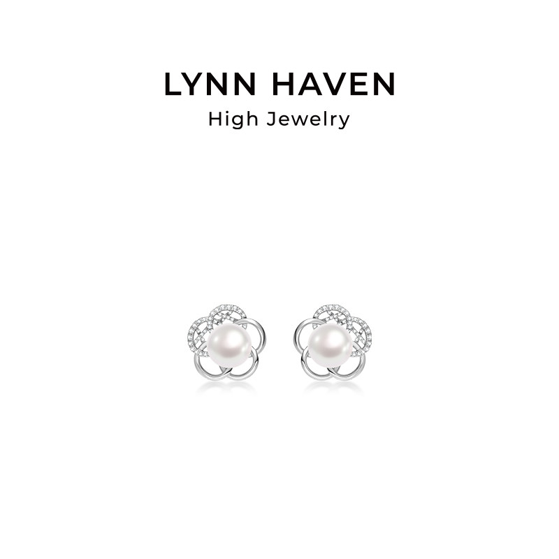 LynnHaven麟玟 ART冰梅纹18K金钻石冰梅花瓣Akoya海水珍珠耳钉