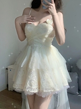 春季新款轻奢仙女拖尾礼服吊带蕾丝显瘦连衣裙短款高级韩版感女装