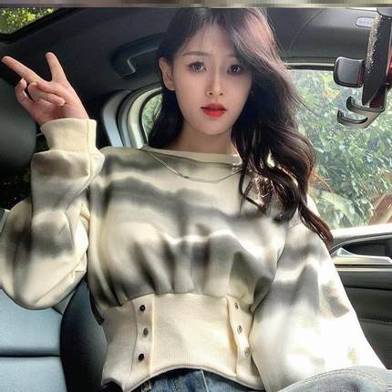 扎染渐变加绒加厚卫衣女2025新款美式设计感小众高级收腰长袖上衣