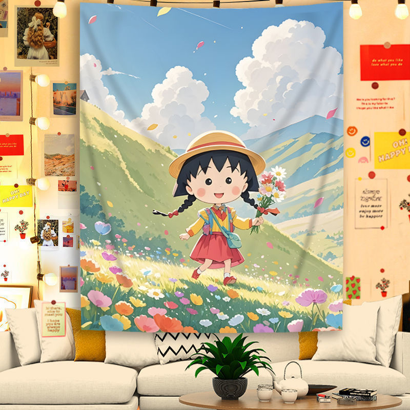 樱桃小丸子风景卡通插画挂布挂毯宿舍卧室出租屋墙面遮丑装饰挂布