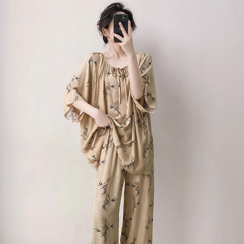 棉绸睡衣女款2026新款夏季宽松大码绵绸女短袖可外穿家居服夏天薄