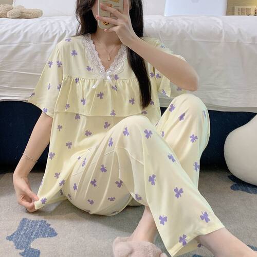 人造棉绸遮胸防漏凸点免胸垫睡衣女夏荷叶边家居绵绸短袖长裤套装