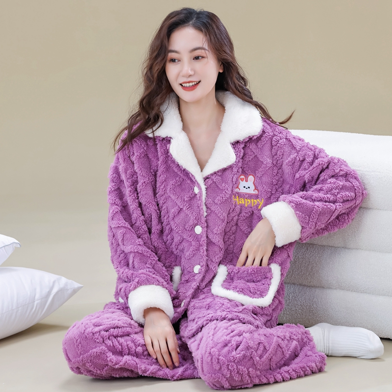 冬季珊瑚绒睡衣加厚女加绒保暖