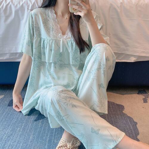 睡衣女春秋防凸点棉绸短袖长裤套装人造棉大码夏天甜美棉绸家居服