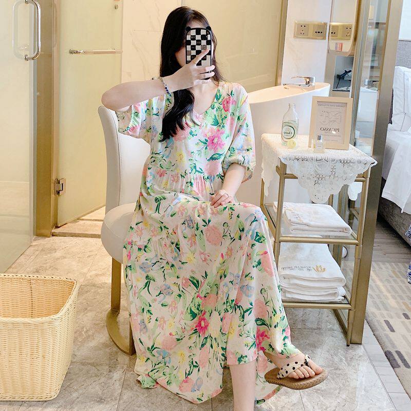 棉绸睡裙夏天女人造棉超长裙可外穿宽松到脚踝孕妇裙加大码连衣裙