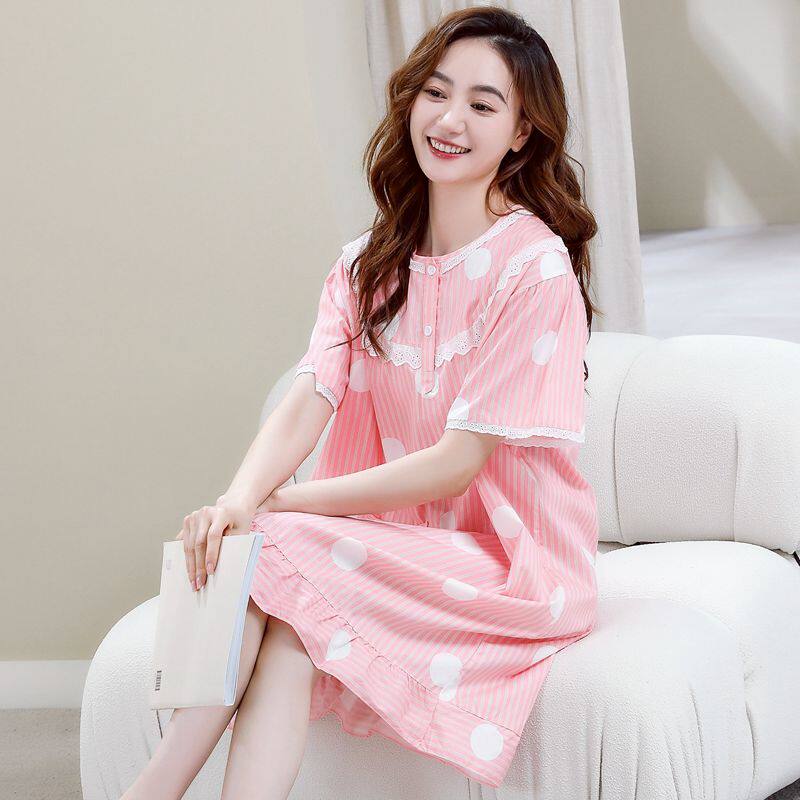 睡衣女士睡裙夏季薄款梭织纯棉布短袖连衣裙子全棉可爱大码家居服