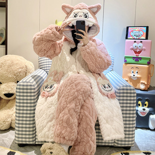 新款冬季少女加绒加厚睡衣三层夹棉袍套甜美可爱保暖可外穿家居服
