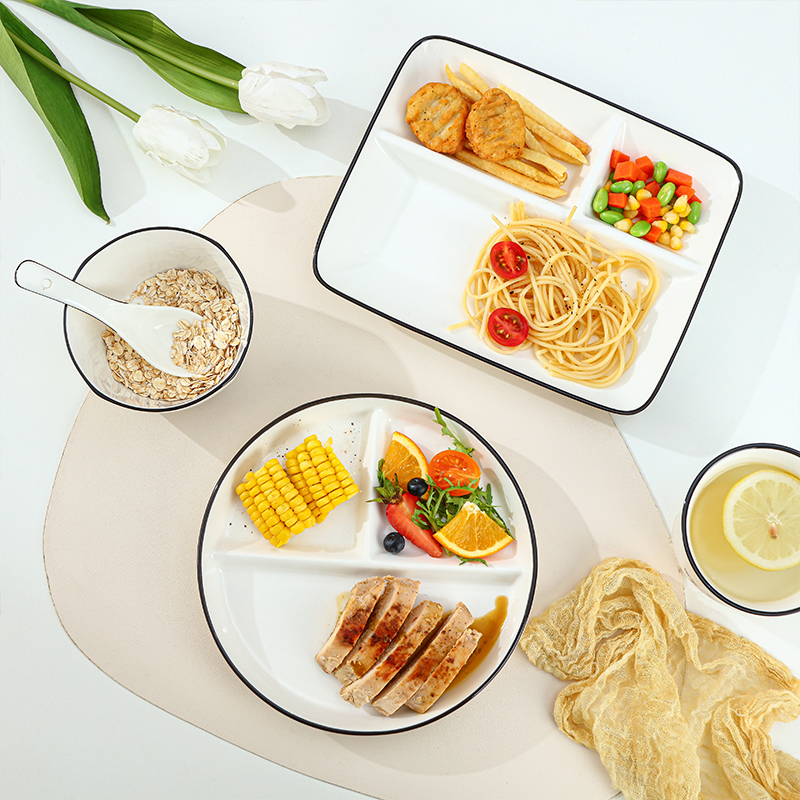创意陶瓷黑线减肥分格餐盘儿童大人一人食家用早餐减肥盘子高级感