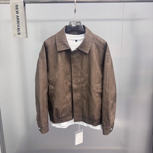 宽松休闲外套 翻领PU皮衣灰色工装 B1BDF3F09 秋冬休闲皮衣时尚 男装