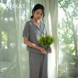 长裤 简约家居服棉质木耳边开衫 短袖 套装 夏季 林卡女款 时尚