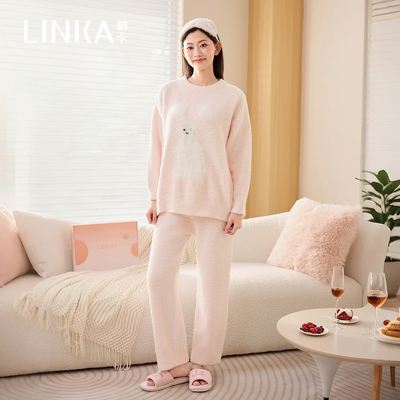 林卡冬季厚款女士家居服半边绒·长毛小兔圆领长袖长裤套装