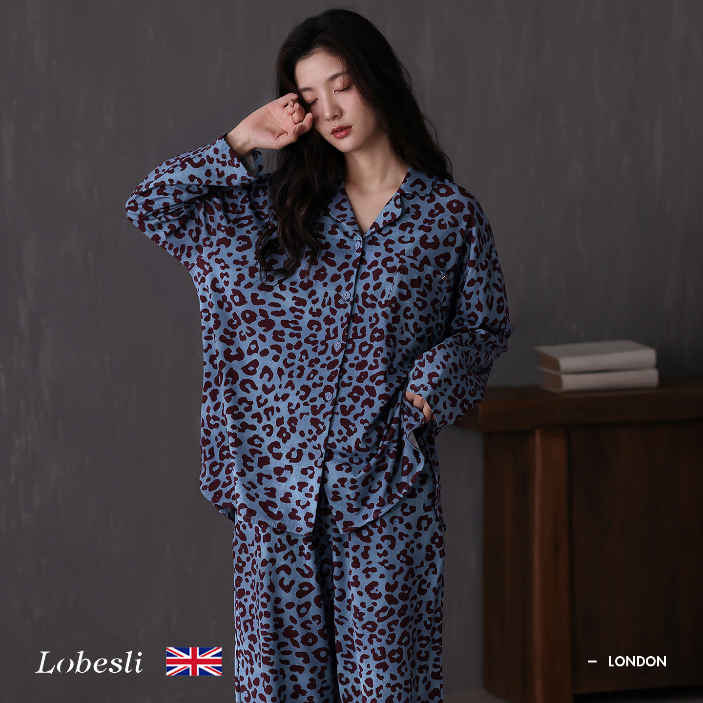 英国lobesli睡衣女款冬季新款豹纹纯棉贴身睡觉可外穿家居服套装