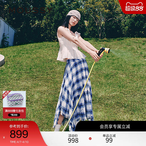 moussy 早春甜美日系格子松紧腰不规则半裙028IAX31-