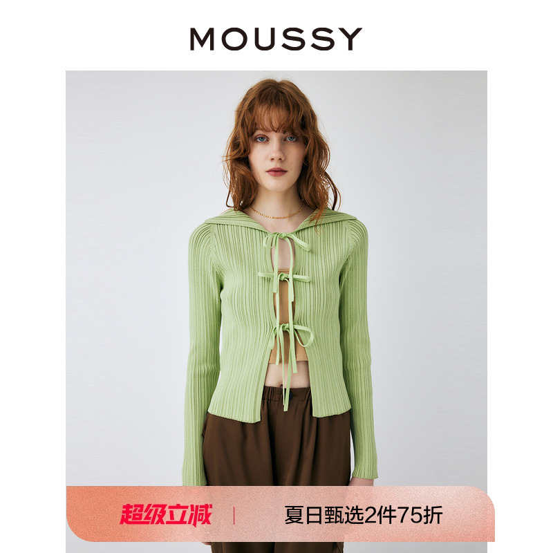 MOUSSY 2023夏季甜美风绑带设计翻领针织开衫女010GS