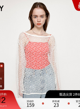 SLY 春夏新品透视网状镂空下摆开叉宽松长袖T恤030GSZ80-2190