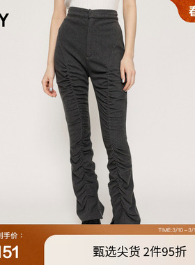 SLY 夏季纯色设计感褶皱Y2K微喇休闲裤女030GSZ81-1860