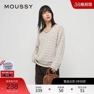 moussy 秋季撞边V领毛绒针织衫慵懒感毛衣028HAZ70-2241
