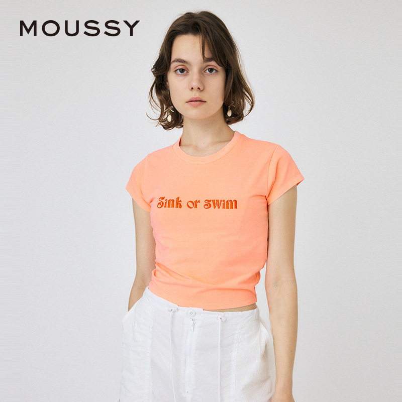 moussy多巴胺刺绣正肩短袖T恤