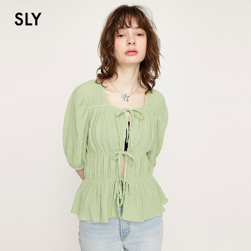 SLY 春季甜美日系正反两穿系带泡泡袖衬衫030HSR30-18