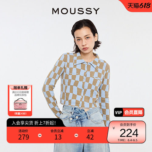 MOUSSY复古日系棋盘格针织开衫