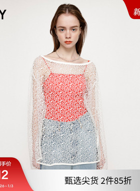 SLY 春夏新品透视网状镂空下摆开叉宽松长袖T恤030GSZ80-2190