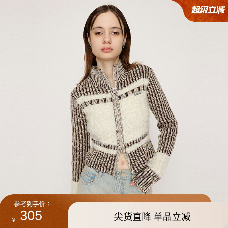 SLY 24冬季新品撞色软糯直筒立领拉链针织开衫女030HAR70-4861