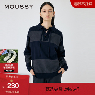 moussy 秋季撞色条纹绑带针织衫慵懒感毛衣010HAA70-8551